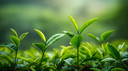Fototapeta premium Sprouting tea leaves are captured close-up with a dynamic bokeh effect in the background