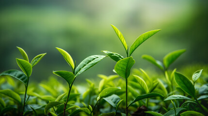 Sprouting tea leaves are captured close-up with a dynamic bokeh effect in the background