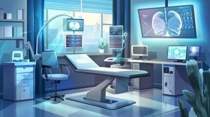 Futuristic medical office with an examination table, multiple monitors displaying health data, and advanced medical equipment in a clean, high-tech environment.