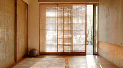 A Japanese-inspired sliding door with paper panels and bamboo accents.