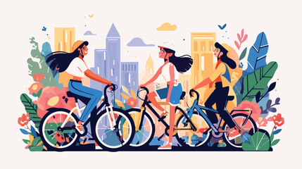 Modern girls standing with bicycles. Cartoon flat c