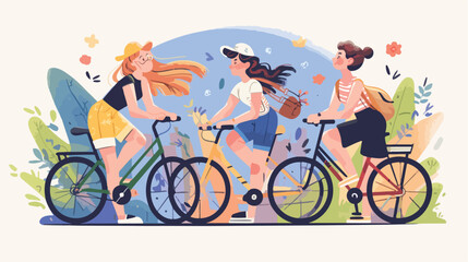 Modern girls standing with bicycles. Cartoon flat c