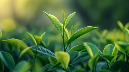 Obraz premium Evening sunlight filters through fresh tea leaves, emphasizing their bright green hues and delicate veins