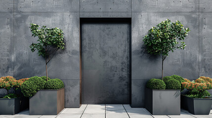 A minimalist steel door framed by symmetrical potted plants.