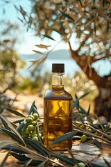 Artisanal Olive Oil, Bottle Surrounded by Branches Scene