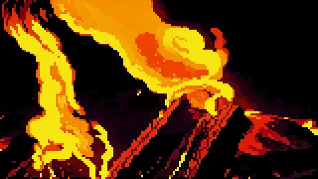 Pixel Art Bonfire 4K Animation - flames against dark backdrop, illuminating detailed wood logs below