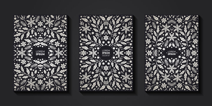 Luxury abstract backgrounds, save the date floral invitations, vintage frames. Merry Christmas sketch winter floral design templates for xmas products. Use for package, branding, poster, brochure,