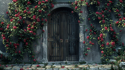 A Victorian-style door surrounded by climbing roses and cobblestones.