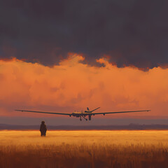 A solitary figure gazes as an Iranian drone takes off at sunrise, casting long shadows on the landscape.