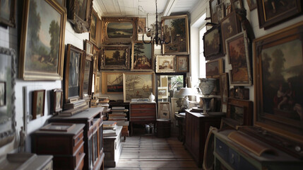 Fototapeta na wymiar A collection of antique paintings hanging crookedly on the walls.