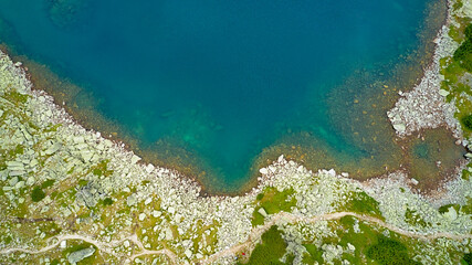 Mountain lakes from a drone aerial photography. The highest peak Musala in the Balkans in Bulgaria, height 2925 meters. Mountain lakes, mountain huts and the spirit of travel