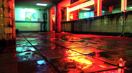 A flickering neon sign casting eerie shadows on the floor.