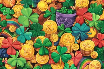 St Patrick's Day festive background with multiple shamrocks and stacks of gold coins