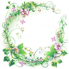 Floral wreath with green vines and purple flowers.