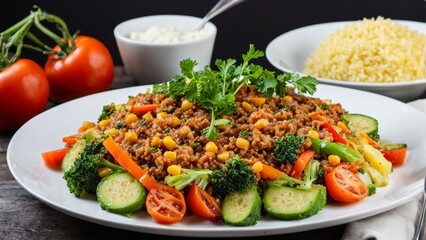 Healthy and delicious food. Warm salad with vegetables.
