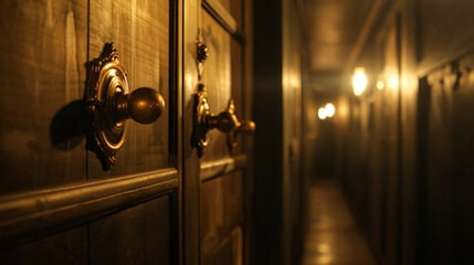 A row of closed doors with brass handles glinting in lamplight. - obrazy, fototapety, plakaty