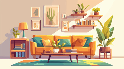 Modern living room interior with sofa potted plants