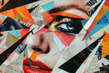 Closeup portrait of a woman's face covered in newspaper and collage artwork pieces, abstract creative concept of media influence