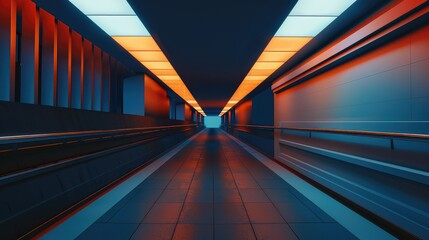 A modern tunnel at night, empty, symmetry, blue and orange color grade. - obrazy, fototapety, plakaty