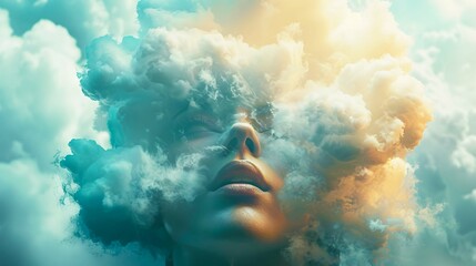 A surrealistic portrait of a person with their head in the clouds, symbolizing imagination 