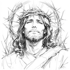 Elegant Line Drawing of Jesus Christ with Crown of Thorns - Perfect for Christian Artwork and Spiritual Graphics