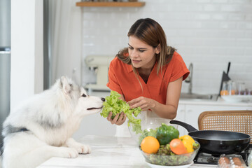 Young woman cooking salad and playing with her dog in kitchen room at home