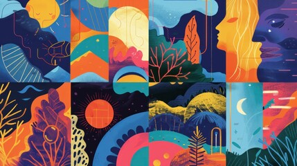Vivid Illustrations of Diverse People and Landscapes in Various Colors and Shapes, Vibrant Art Collection