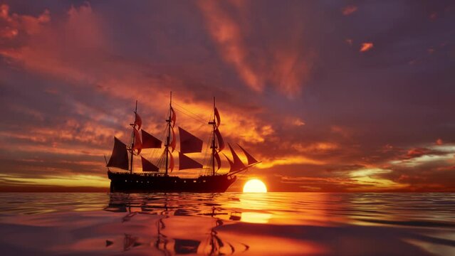 Large Medieval Ship On The Sea On A Sunset. The Old Medieval Ship Gracefully Sails In The Open Sea