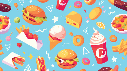 Modern seamless pattern with fast food. Colorful ba