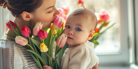 a mother holding her baby and kissing it, with tulips in the background. Web banner with empty space on the left side.