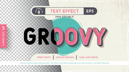 5 Groovy Editable Text Effects, Graphic Styles. Vector Mockup and Template. Slogan and Brand Company.