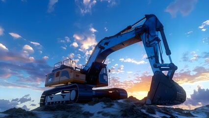 Excavator navigating hill at construction site during scenic countryside sunset. Concept Construction Equipment, Scenic Sunset, Rural Landscape, Earthmoving Machinery, Excavation Work