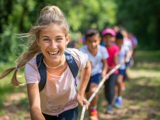 A group of children are playing a game of tug of war. One girl is smiling and holding a rope