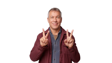 Joyful senior man giving peace signs with a  friendly smile isolated on transparent background
