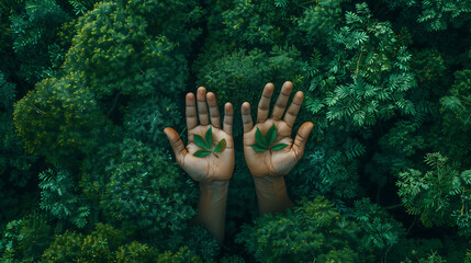 Hands and green forest, protect the environment, esg, prevent deforestation, protect forest resources