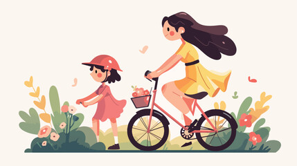 Mom teaching daughter ride bicycle. Mother showing