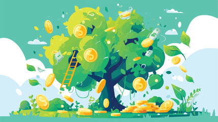 Fototapeta na wymiar Money tree with coins and leaf growing. Financial w