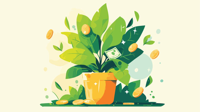 Money tree in pot with cash on branches. Plant with