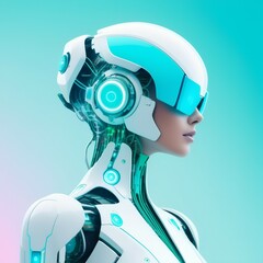 Cyborg woman of flowers, pastel colors white, pink, blue, turquoise white of future technologies