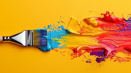 Explosion of vibrant paint colors streaking from a paintbrush on yellow background