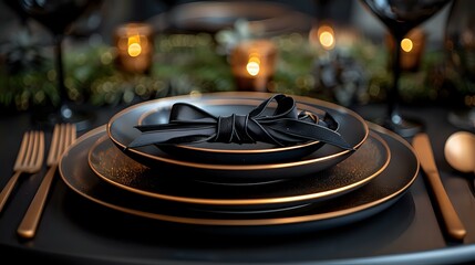 Refined Elegance: Black and Gold Table Setting with Elegant Plates and Fork