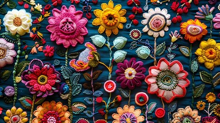A textile artwork featuring intricate embroidery of decorating material Lace Backgrounds inspired by traditional folk art