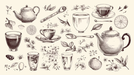 Monochrome drawing of teapot cup tea leaves flowers