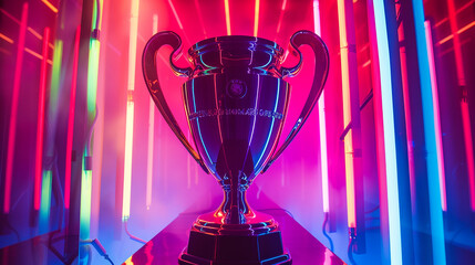 Electric neon lights enhance the revered trophy's aura of triumph. - obrazy, fototapety, plakaty