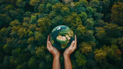 Hands holding green earth, protect the environment, esg, prevent deforestation, protect forest resources