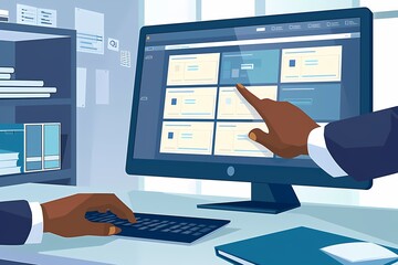 Fototapeta premium Businessman interacts with digital document management system, sleek interface, folders, search