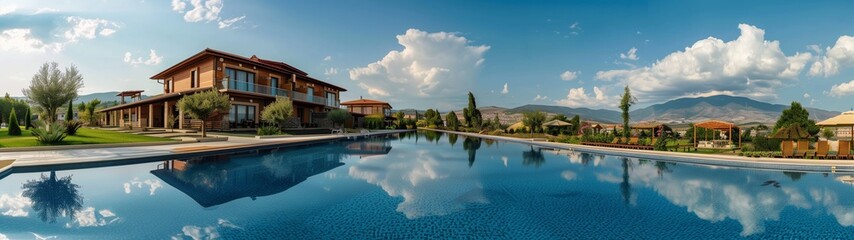 Fototapeta premium Scenic sunset views over rivers and lakes with cityscape at night, featuring natural landscapes, architecture, and coastal scenes, perfect for summer travel in Europe