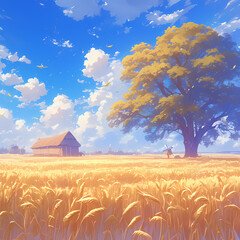 Glorious Golden Wheat Fields: A Serene Countryside Image - obrazy, fototapety, plakaty