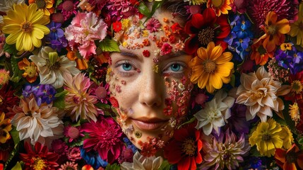 Portrait of a beautiful girl with flowers on her face. Beauty, fashion