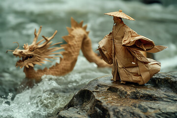 Dragon Boat Festival origami, Chinese Dragon Boat Festival rice dumplings, legend of Qu Yuan, giant rice dumplings on the river, dragon boat, abstract